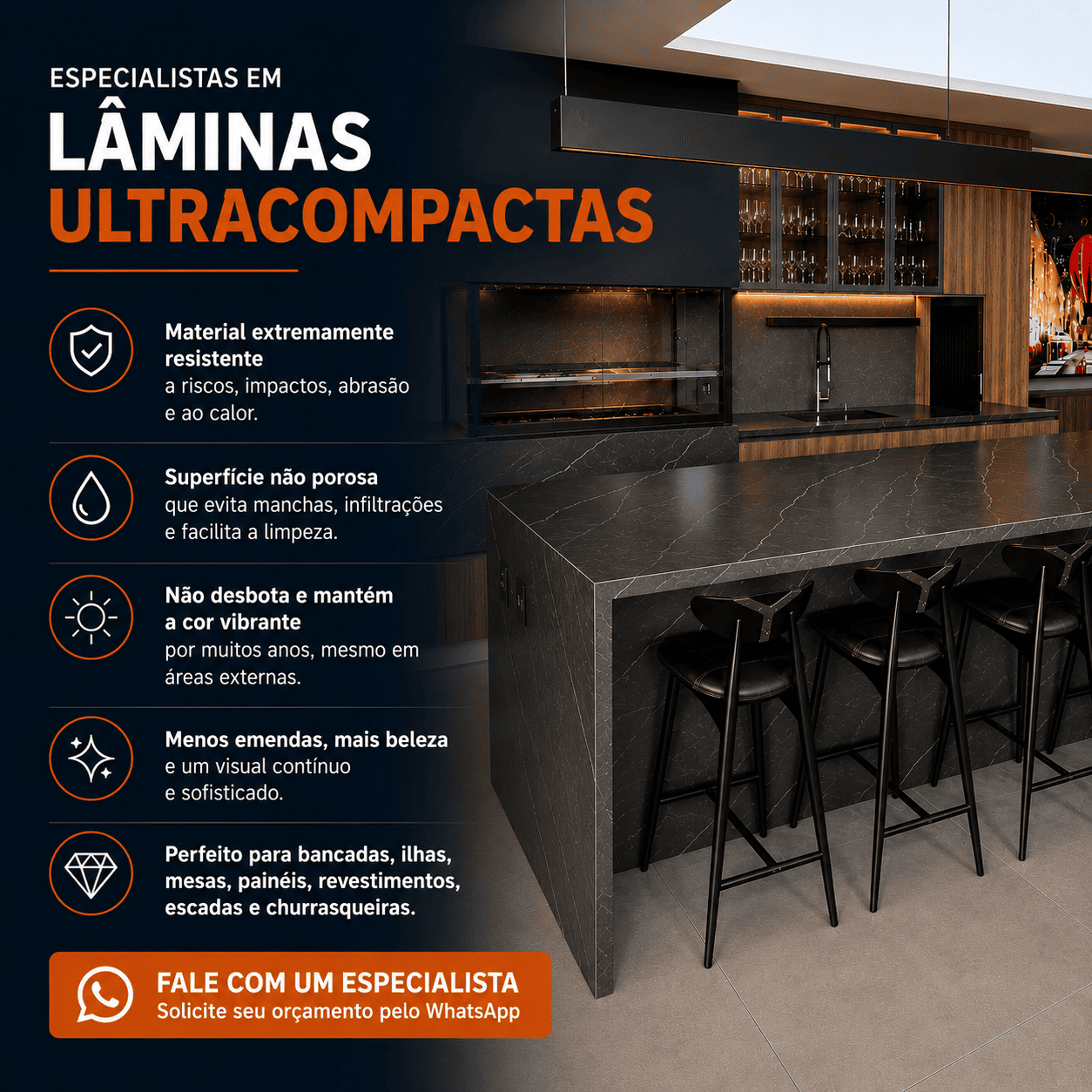 Projeto em lâminas ultracompactas executado pela Marmoraria Princesa dos Campos